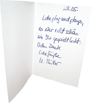 Abbildung einer Postkarte mit dem sehr positiven "Feedback"  eines sehr zufriedenen Kunden im Anschluß an ein Hochzeitsfest über unsere Musik